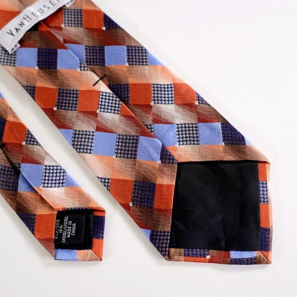 Van Heusen‎ Orange Blue Woven Check Plaid Lyocell Silk Tie